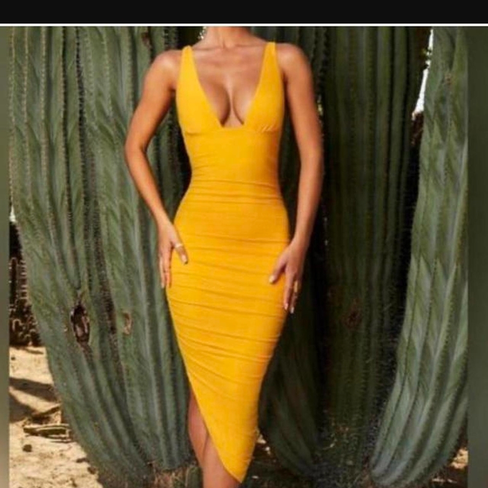 Oh Polly Ruched Yellow Plunge Midi Dress